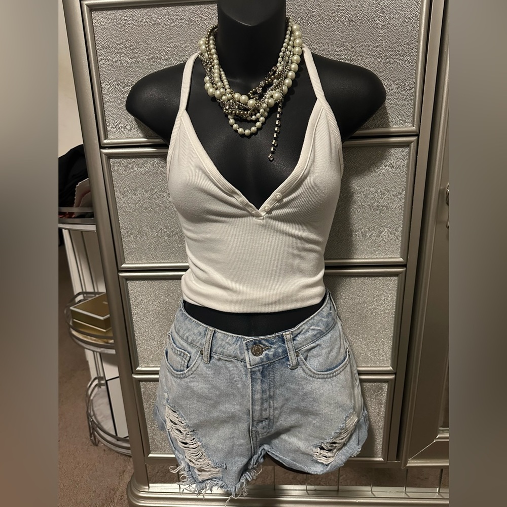 Light Blue Distressed Denim Shorts